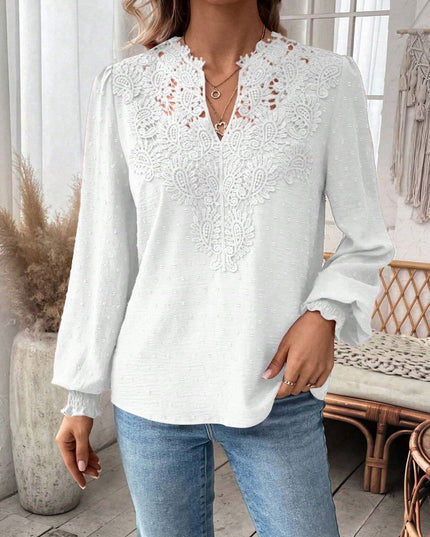 Swiss Dot Lace Detail Notched Long Sleeve Blouse