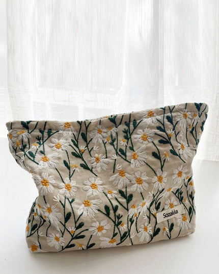 Daisy Embroidered Cosmetic Pouch