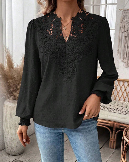 Swiss Dot Lace Detail Notched Long Sleeve Blouse