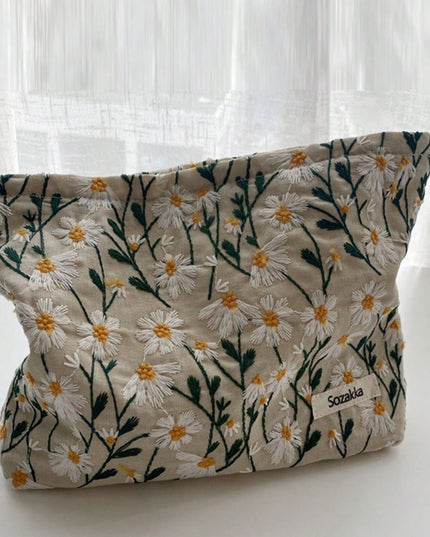 Daisy Embroidered Cosmetic Pouch