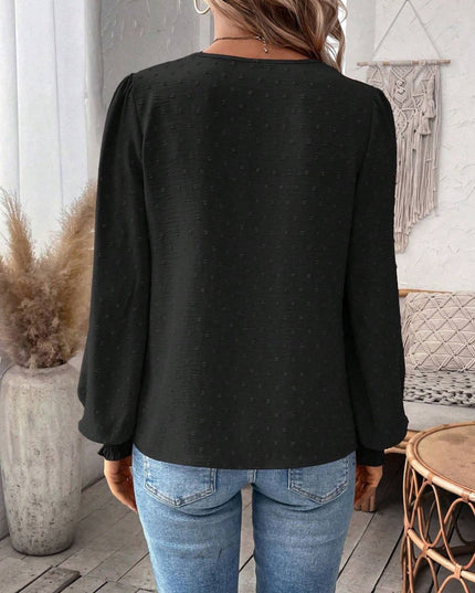 Swiss Dot Lace Detail Notched Long Sleeve Blouse