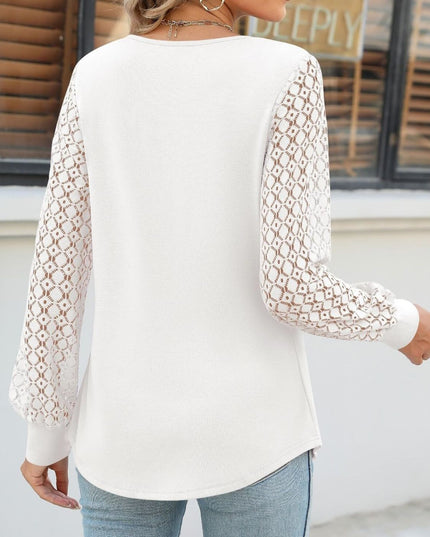 Cutout Round Neck Lace Long Sleeve Blouse