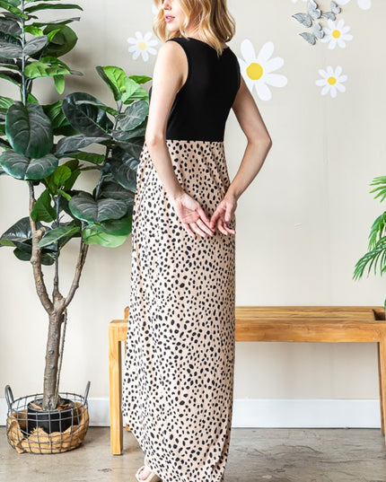 Heimish Full Size Slit Animal Print V-Neck Wide Strap Dress