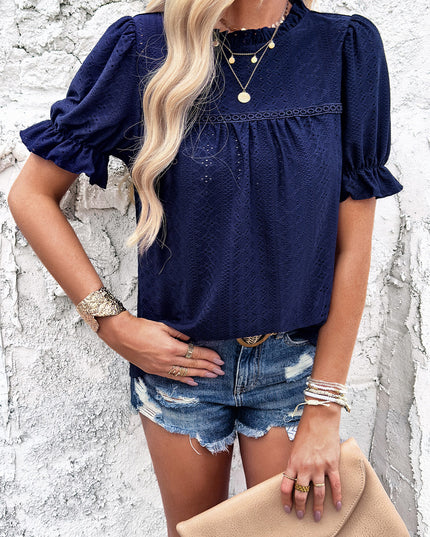 Devine Eyelet Mock Neck Flounce Sleeve Blouse