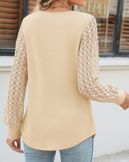Cutout Round Neck Lace Long Sleeve Blouse