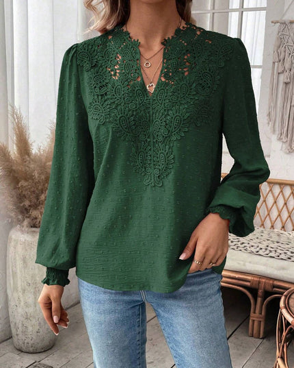 Swiss Dot Lace Detail Notched Long Sleeve Blouse