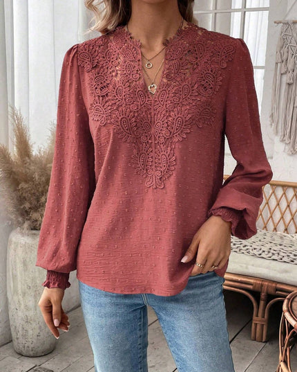Swiss Dot Lace Detail Notched Long Sleeve Blouse