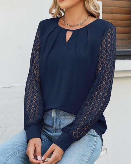 Cutout Round Neck Lace Long Sleeve Blouse