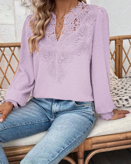 Swiss Dot Lace Detail Notched Long Sleeve Blouse