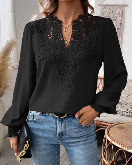 Swiss Dot Lace Detail Notched Long Sleeve Blouse
