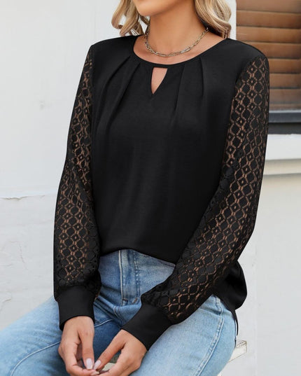 Cutout Round Neck Lace Long Sleeve Blouse