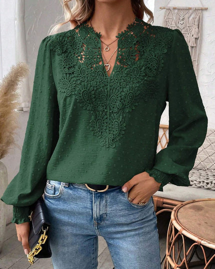 Swiss Dot Lace Detail Notched Long Sleeve Blouse