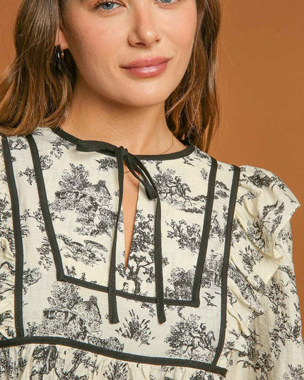 Umgee Ruffled Tie Neck Puff Sleeve Babydoll Blouse