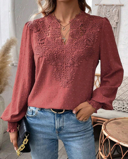 Swiss Dot Lace Detail Notched Long Sleeve Blouse
