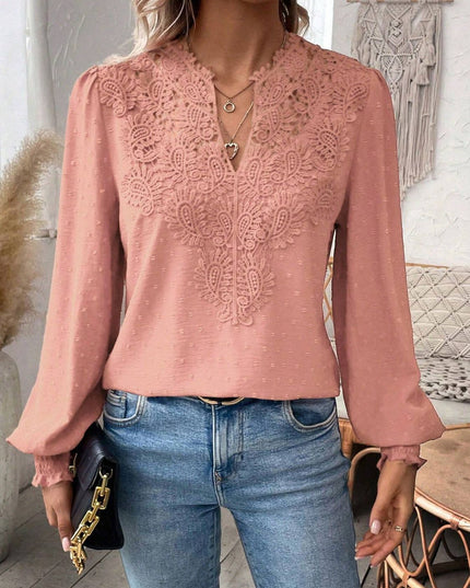 Swiss Dot Lace Detail Notched Long Sleeve Blouse