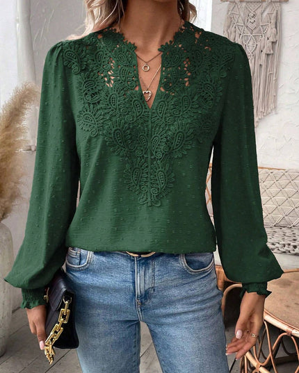 Swiss Dot Lace Detail Notched Long Sleeve Blouse