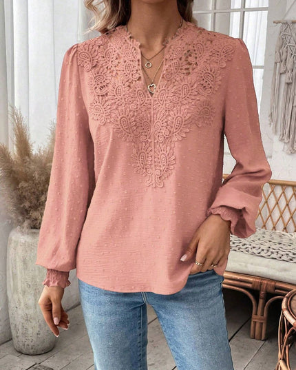 Swiss Dot Lace Detail Notched Long Sleeve Blouse