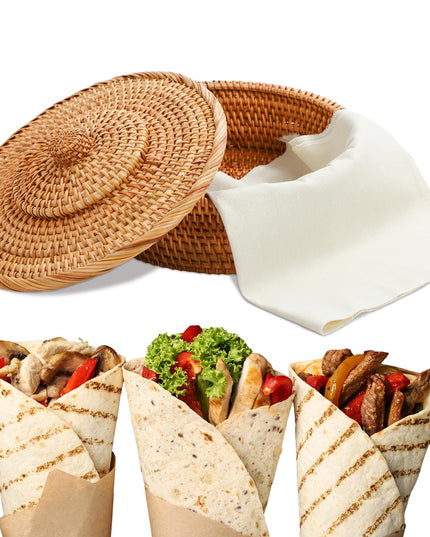 Wenqik 10 Inches Tortilla Warmer 2 Cotton Towel Cloth Handcrafted Rattan Tortilla Holder with Lid Rustic Mexican Tortilla Basket for Pancake Taco Bread (Classic Style)
