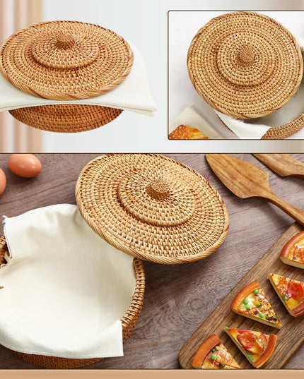 Wenqik 10 Inches Tortilla Warmer 2 Cotton Towel Cloth Handcrafted Rattan Tortilla Holder with Lid Rustic Mexican Tortilla Basket for Pancake Taco Bread (Classic Style)