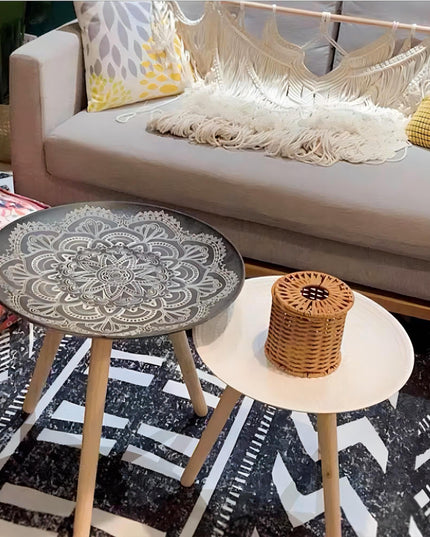 Andazododc Mexican Style Round End Tables, 19.7" D x 19.7" W x 18.9" H, Black, Small Coffee Tables for Living Room, Side Tables for Small Space (Black/Sunflower)