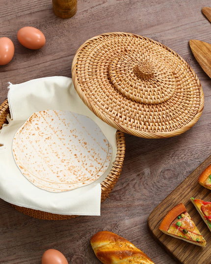 Wenqik 10 Inches Tortilla Warmer 2 Cotton Towel Cloth Handcrafted Rattan Tortilla Holder with Lid Rustic Mexican Tortilla Basket for Pancake Taco Bread (Classic Style)