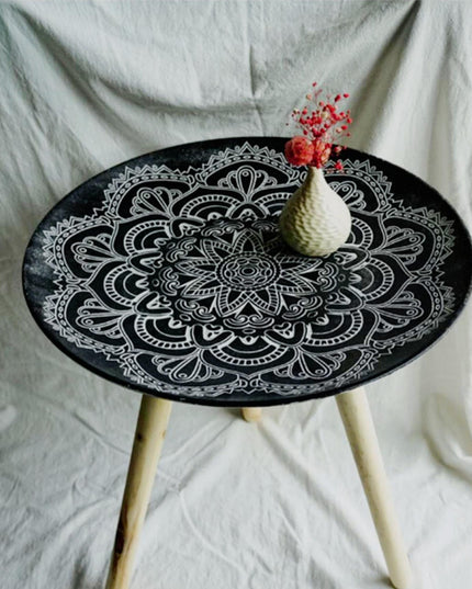 Andazododc Mexican Style Round End Tables, 19.7" D x 19.7" W x 18.9" H, Black, Small Coffee Tables for Living Room, Side Tables for Small Space (Black/Sunflower)