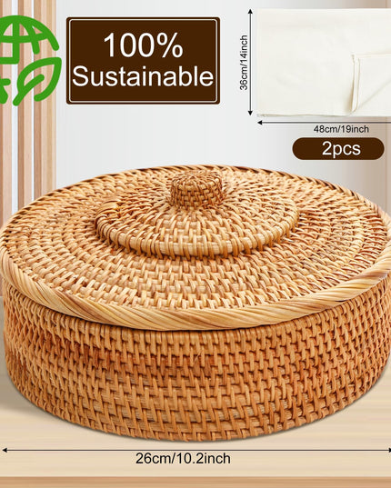Wenqik 10 Inches Tortilla Warmer 2 Cotton Towel Cloth Handcrafted Rattan Tortilla Holder with Lid Rustic Mexican Tortilla Basket for Pancake Taco Bread (Classic Style)