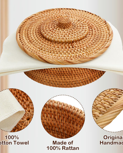 Wenqik 10 Inches Tortilla Warmer 2 Cotton Towel Cloth Handcrafted Rattan Tortilla Holder with Lid Rustic Mexican Tortilla Basket for Pancake Taco Bread (Classic Style)