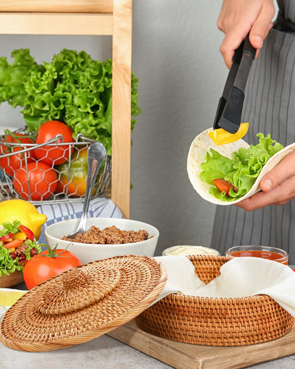 Wenqik 10 Inches Tortilla Warmer 2 Cotton Towel Cloth Handcrafted Rattan Tortilla Holder with Lid Rustic Mexican Tortilla Basket for Pancake Taco Bread (Classic Style)