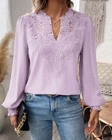 Swiss Dot Lace Detail Notched Long Sleeve Blouse