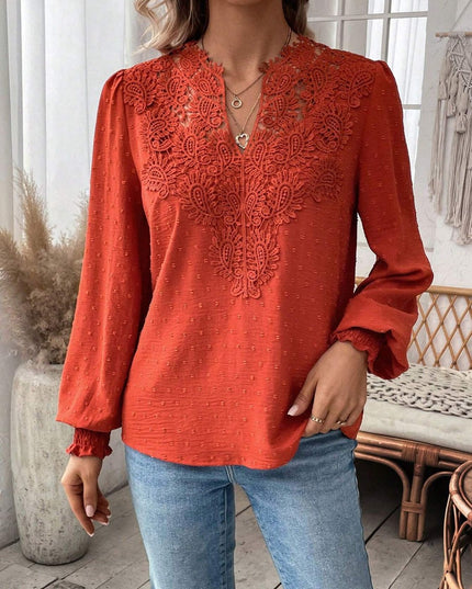 Swiss Dot Lace Detail Notched Long Sleeve Blouse