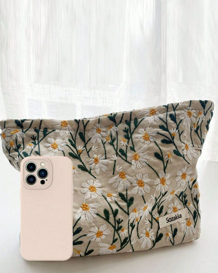 Daisy Embroidered Cosmetic Pouch