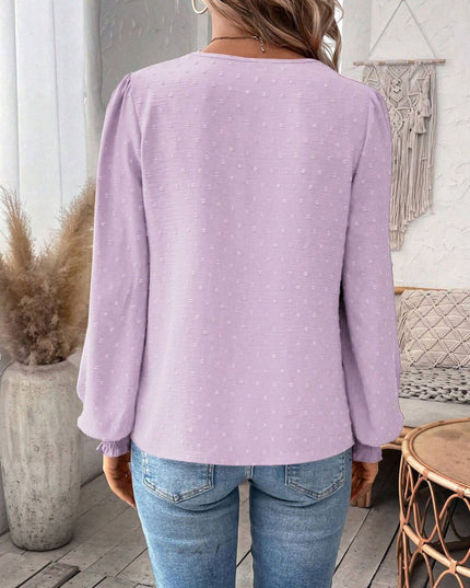 Swiss Dot Lace Detail Notched Long Sleeve Blouse