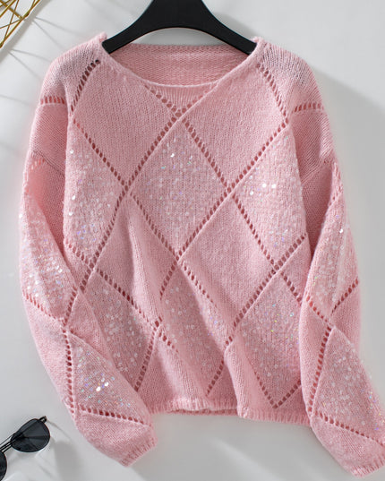 Openwork Round Neck Long Sleeve Knit Top