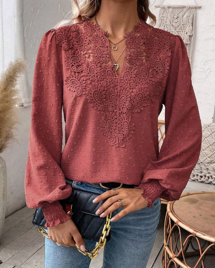 Swiss Dot Lace Detail Notched Long Sleeve Blouse