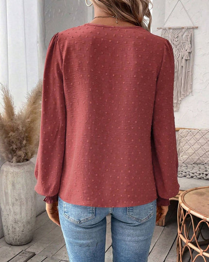 Swiss Dot Lace Detail Notched Long Sleeve Blouse