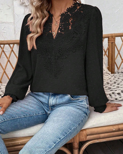 Swiss Dot Lace Detail Notched Long Sleeve Blouse