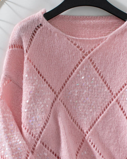 Openwork Round Neck Long Sleeve Knit Top