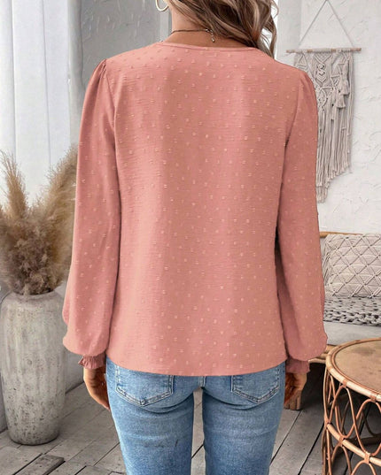 Swiss Dot Lace Detail Notched Long Sleeve Blouse