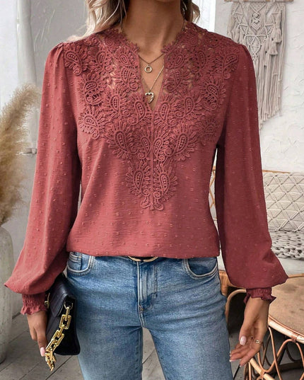 Swiss Dot Lace Detail Notched Long Sleeve Blouse