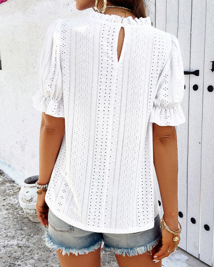 Devine Eyelet Mock Neck Flounce Sleeve Blouse