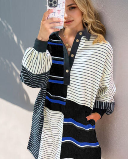 Oh Full Size Striped Half Button Long Sleeve Mini Dress