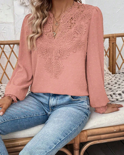 Swiss Dot Lace Detail Notched Long Sleeve Blouse