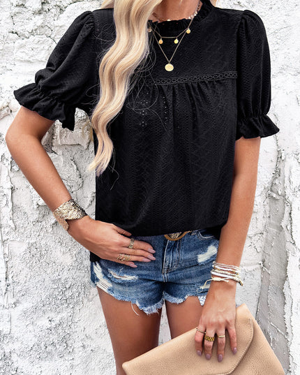 Devine Eyelet Mock Neck Flounce Sleeve Blouse