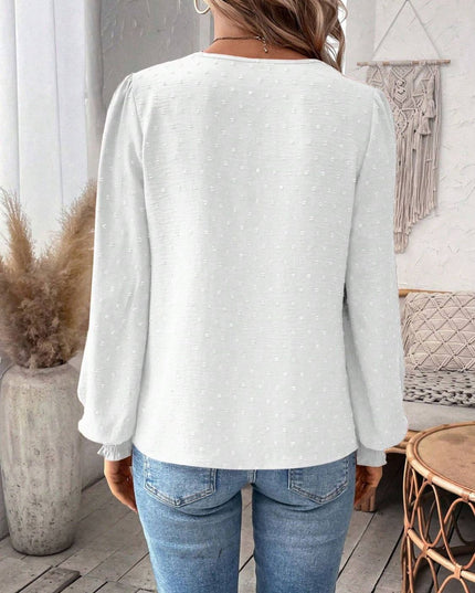 Swiss Dot Lace Detail Notched Long Sleeve Blouse