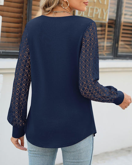 Cutout Round Neck Lace Long Sleeve Blouse
