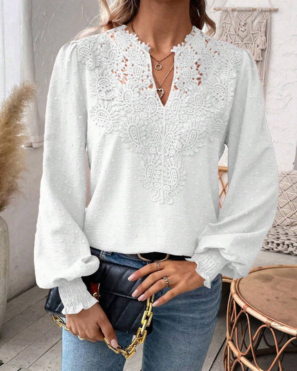 Swiss Dot Lace Detail Notched Long Sleeve Blouse