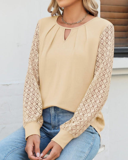 Cutout Round Neck Lace Long Sleeve Blouse
