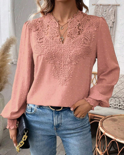 Swiss Dot Lace Detail Notched Long Sleeve Blouse