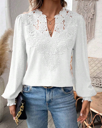 Swiss Dot Lace Detail Notched Long Sleeve Blouse